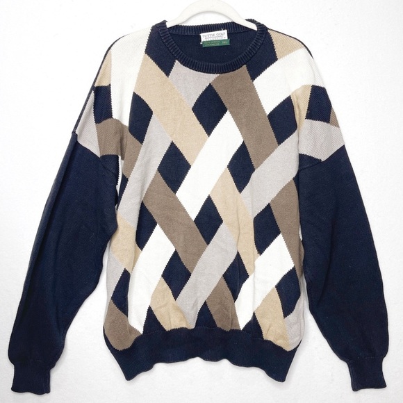 Tuttle Golf Collection Geometric Crewneck Sweater 100% Cotton Black Brown White - Picture 1 of 5